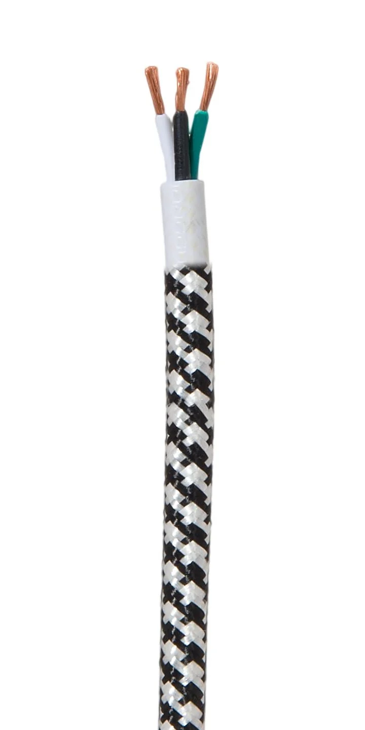 18/3 SVT-B Black & White Hounds-Tooth Pattern Rayon Covered Fabric Lamp Cord, 3-Wire, Choice of Length (46594)