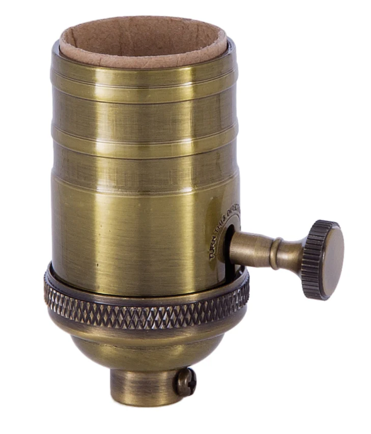 3-Way, Heavy Turned Brass Lamp Socket w/Brass Knob, Antique BRASS Finish, NO UNO (48243A)