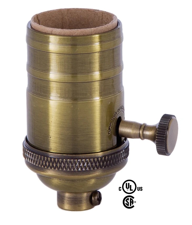 On-Off, Heavy Turned Brass Lamp Socket w/Brass Knob, Antique BRASS Finish, NO UNO (48244A)