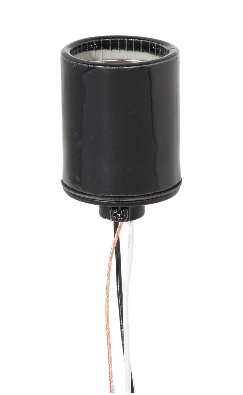 Keyless Glazed Black Porcelain E-26 Socket, Thin Wires, 1/8 IPS Metal Cap (48093)