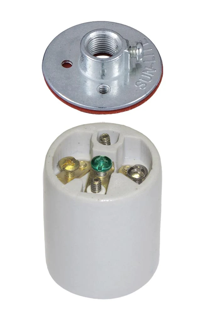 E-26 Keyless Porcelain Lamp Socket with Ground Screw and Metal Cap with 1/8 IPS Thread (48303)