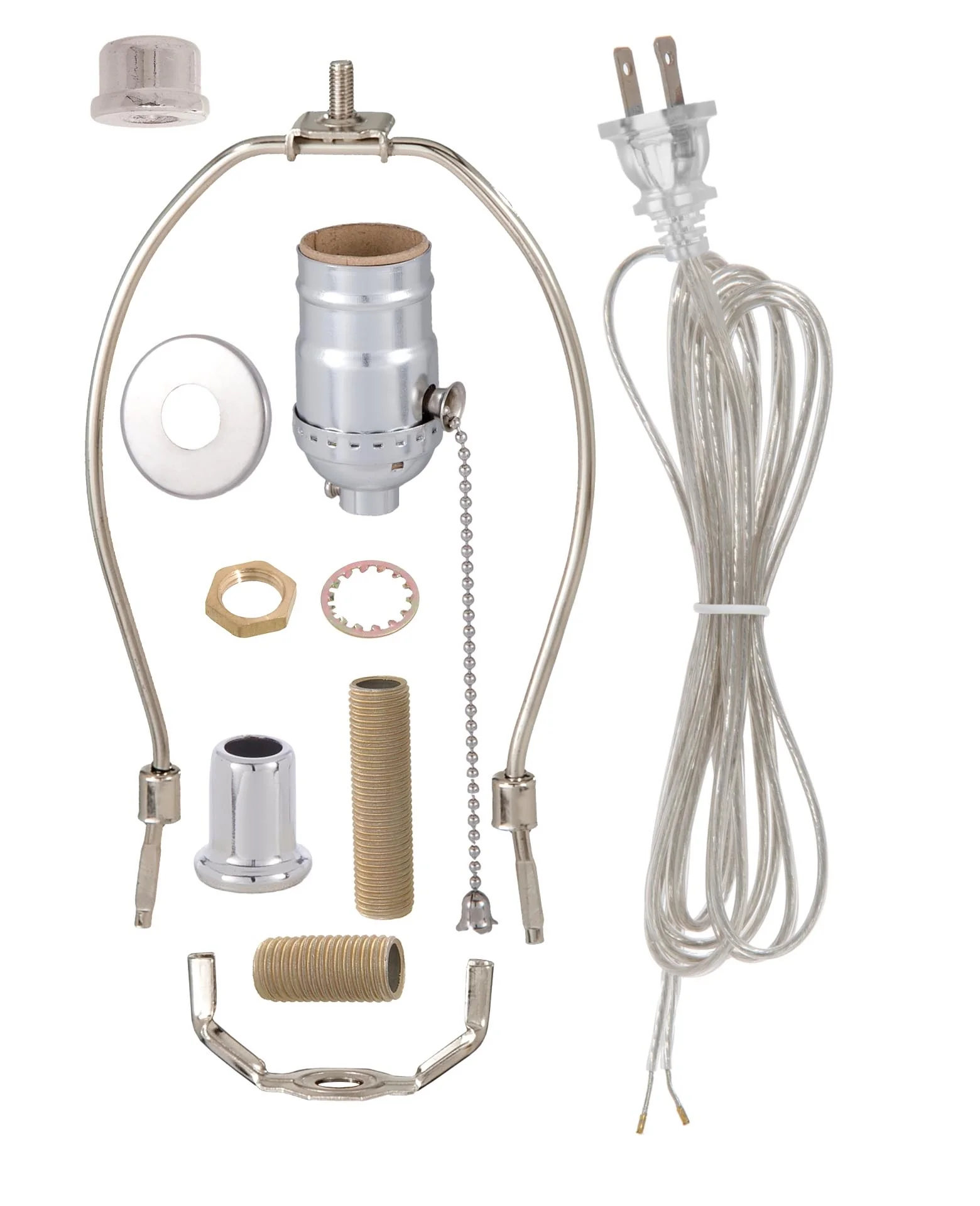 Nickel Finish Table Lamp Wiring Kit w/ Pull Chain Socket, Choice of Harp Size (30557N10)