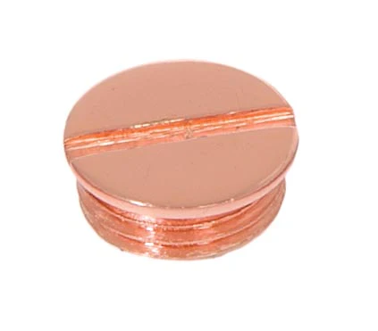 Polished Copper Finish Slotted Brass Plug or Cap, Choice of Thread (21174C)