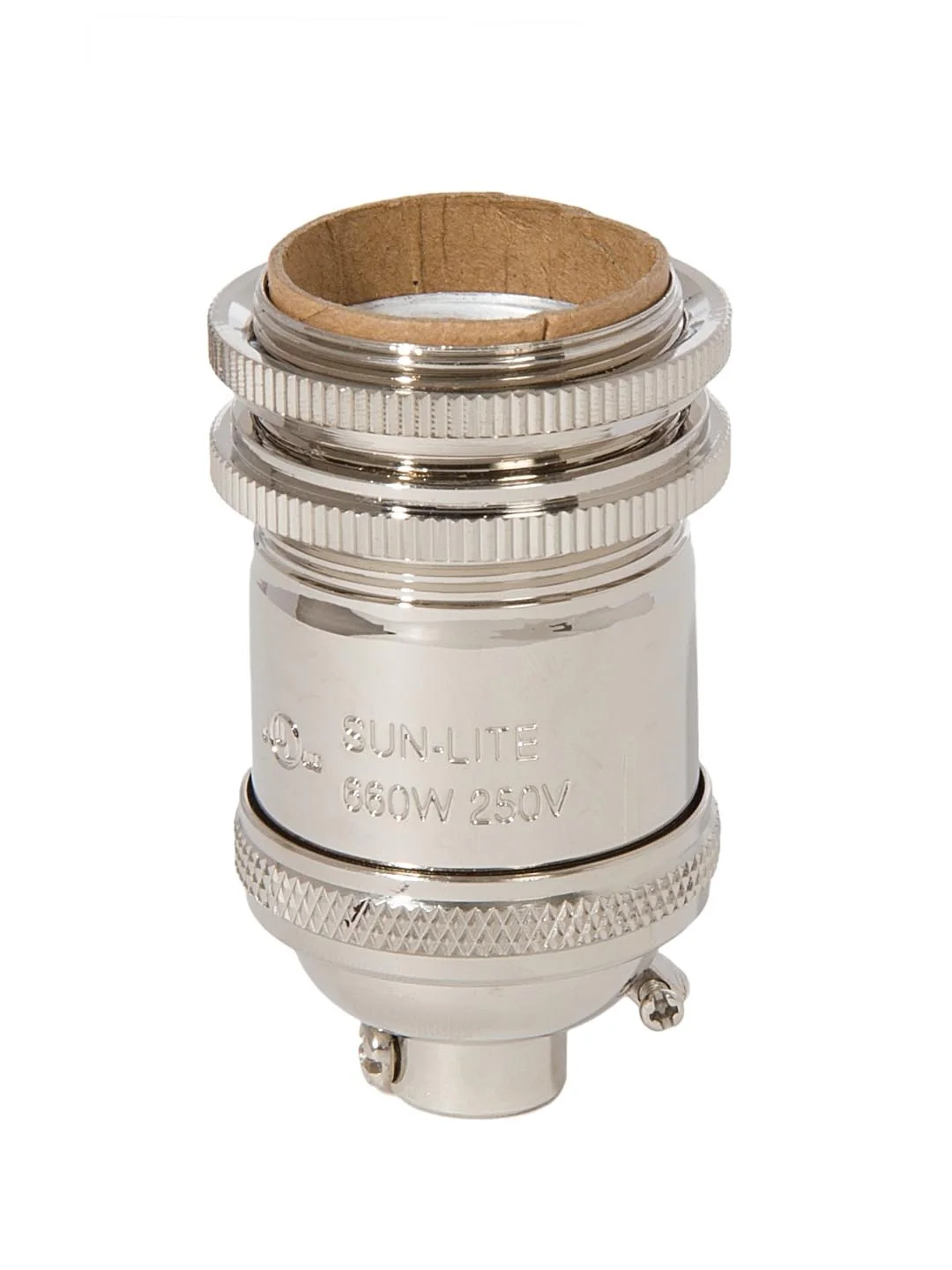 Polished Nickel Finish Sunlite Full Keyless Heavy Turned Brass Tall Socket, Ground Screw Terminal, 1/8IP (48264N)